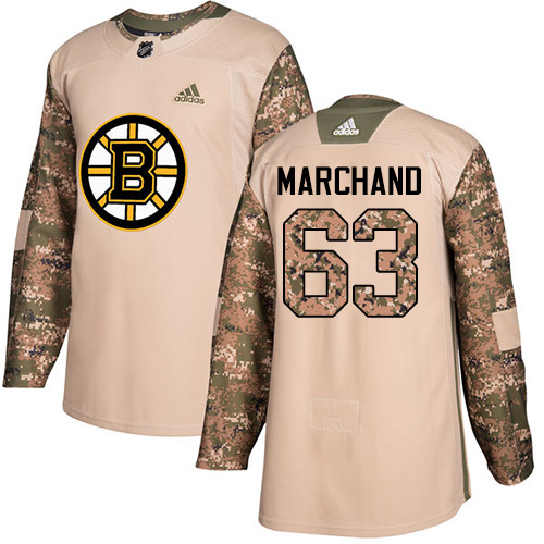 Adidas Bruins #63 Brad Marchand Camo Authentic Veterans Day Stitched NHL Jersey - Click Image to Close